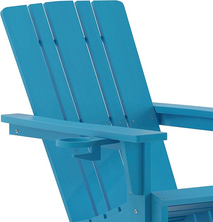 Flash Furniture Halifax Adirondack Chairs with Cup Holders, Weather Resistant Poly Resin Adirondack Chairs, Set of 4, Blue