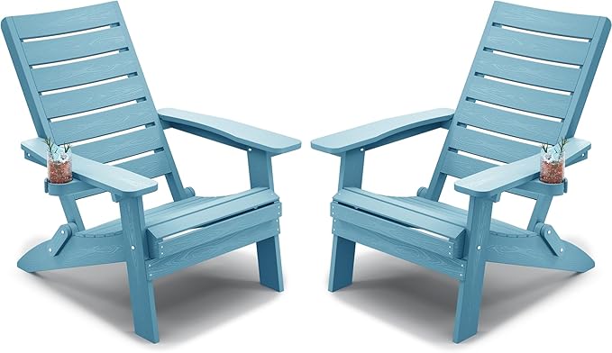 YEFU Adirondack Chair, Folding Adirondack Chairs Set of 2 with Arc Back & Cup Holder, Weather Resistant Plastic Oversized Chair for Outdoor Patio Lawn Garden Backyard Deck Fire Pit, Blue