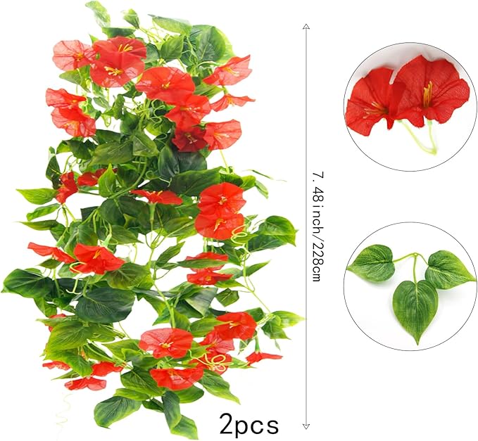 FERIAL Artificial Vines 15Feet Silk Flower Garland for Outdoors Red Morning Glory Vine Artificial Flowers Hanging Plants Garland Fake Green Plant 2Pcs for Wall Fence Indoor Wedding Banquet Decor
