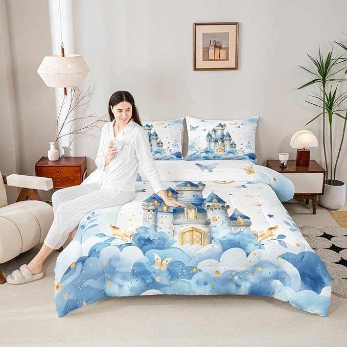Erosebridal Girls Princess Queen Comforter Set - Castle Dreamy Bedding Sets for Kids Teen, Blue Butterfly Floral Bed Set | Moon and Stars Cute Girly Room Decor with 2 Pillowcases