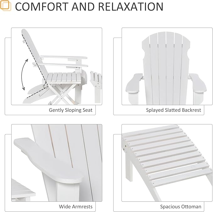 Outsunny 3-Piece Folding Adirondack Chair with Ottoman and Side Table, Outdoor Wooden Fire Pit Chairs w/High-Back, Wide Armrests for Patio, Backyard, Garden, Lawn Furniture, White