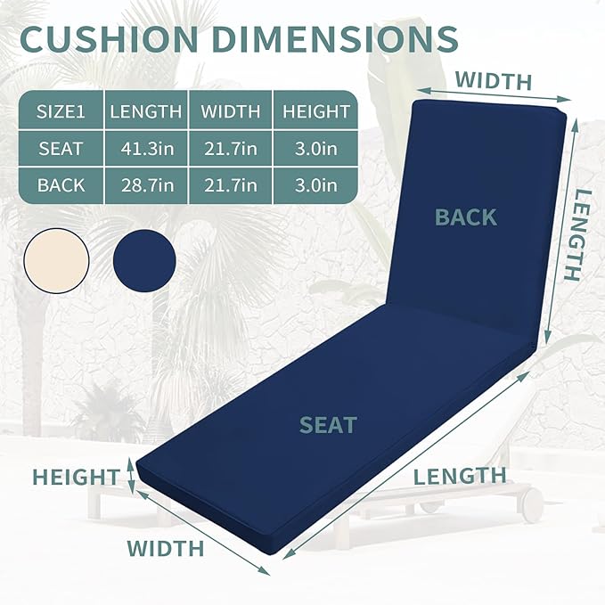 Outdoor Chaise Lounge Cushions for Patio, 71"x22"x3" Lounge Chair Cushions Set of 2, Waterproof Replacement Seat Cushions for Outdoor Furniture (Blue, 2 Pcs)
