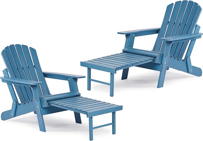 SoliWood Set of 2 Oversized Outdoor Wooden Folding Adirondack Chair with Retractable Ottoman, Wood Patio Chair with Footrest for Garden Backyard Porch Pool Deck Firepit