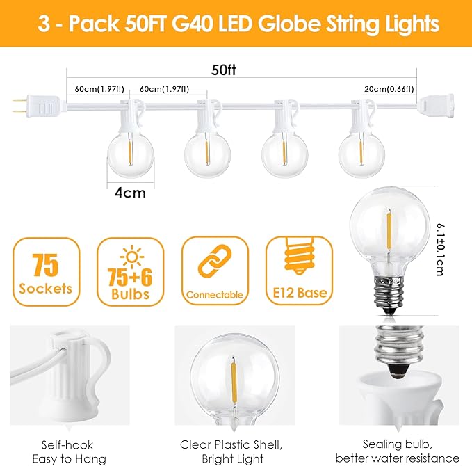 Mlambert 150Ft(3x50Ft) Outdoor String Lights, Connectable G40 Globe Patio Lights Connectable with 75+6 LED Plastic Bulbs for Outside Backyard Wedding-White Wire