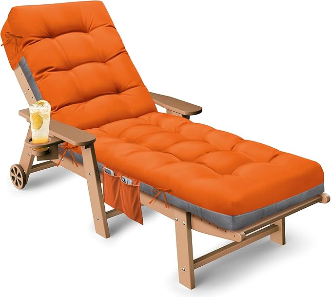 Outdoor Lounge Chair Cushion, Waterproof Replacement Chaise Lounge Cushions for Outdoor Furniture Thickened 71 x 22 x 4.7 Inches Non-Slip Patio Pool Lounge Chair Cushions with Ties (Orange)