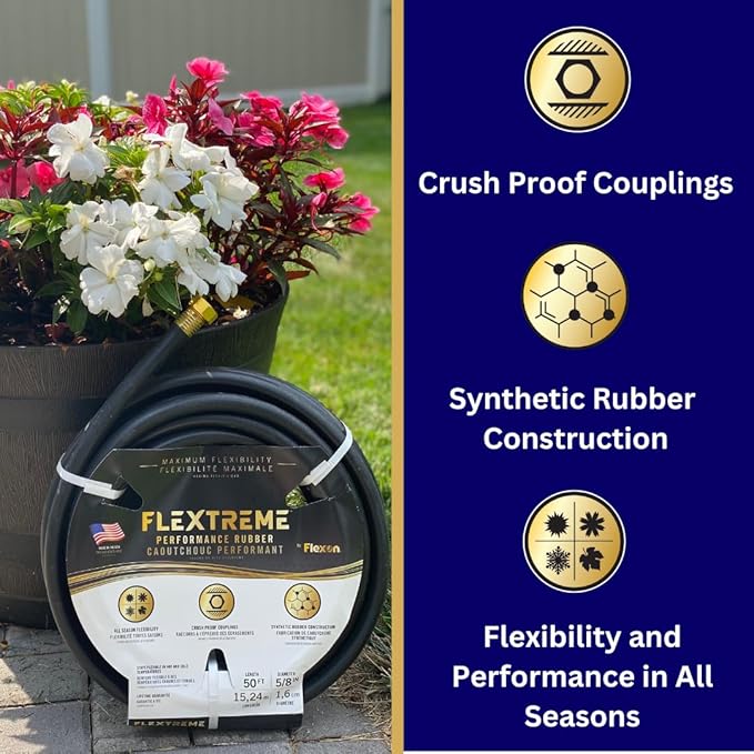 Flexon Flextreme 5/8" x 50ft Black Synthetic Performance Rubber Garden Hose – Lightweight, All-Weather Flexibility, Heavy-Duty, Kink-Resistant, Solid Brass Couplings, Watering Hose for Lawn & Garden