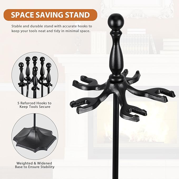 F2C 5 Pieces Fireplace Tools Sets Indoor Outdoor Wrought Iron Large Fire Place Set Tools, Fire Pit Tools，Includes Brush, Shovel, Tongs, Poker, Grabber
