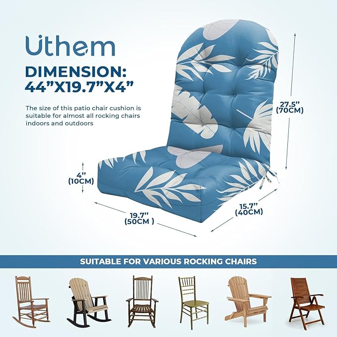 Adirondack Chair Cushion Waterproof Indoor Outdoor Rocking Chair Cushion 44 Inches Patio High Back Chair Cushions Thickened Adirondack Rocking Chair Cushions with Ties, Blue Leaf