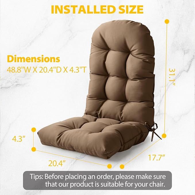 Adirondack Chair Cushion, High Back Patio Cushions with Adjustable Ties, 48.8x20.4x4.3, Waterproof Tufted Pillow, Fade Resistant Seat Rocking Chair Cushion for Indoor/Outdoor, Cappuccino, 1