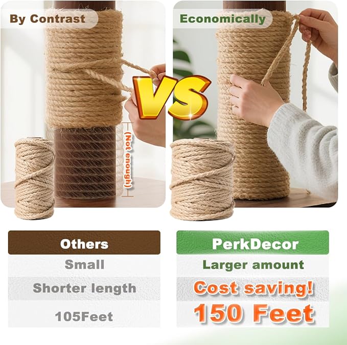 5MM x 150FT Jute Rope 16Ply Heavy Duty and Thick Twisted Rope for Crafts Gardening Cat Scratcher Scratching Post Tree Gift Wrapping Home Christmas Decoration Packing Twine Bulk (5mm* 150ft)