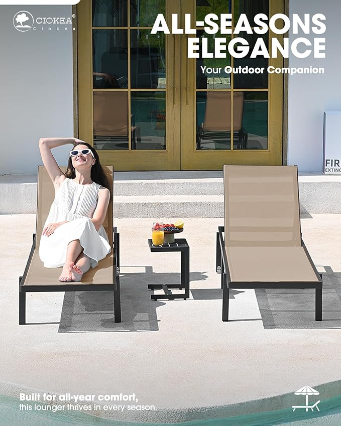 Ciokea Aluminum Chaise Lounge Chair Outdoor with Wheels, Patio Lounge Chair with Adjustable 5-Position Recliner and Full Flat Tanning Chair for Patio, Beach, Pool, Khaki