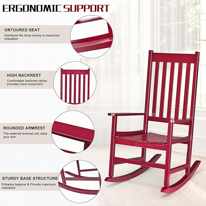 Outvita Outdoor Rocking Chair, Solid Wood High Back Rocker, All Weather Lounge Chair for Porch Patio Fire Pit Garden Backyard Deck Indoor, Red