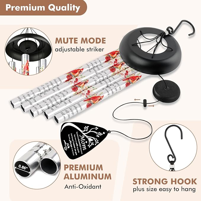 Memorial Wind Chimes Sympathy Gift - Cardinal Windchimes in Loving Memory of Mom Mother Grandmother, Bereavement Gifts for Loss of Loved One, Condolences Grief Remembrance Funeral Grieving