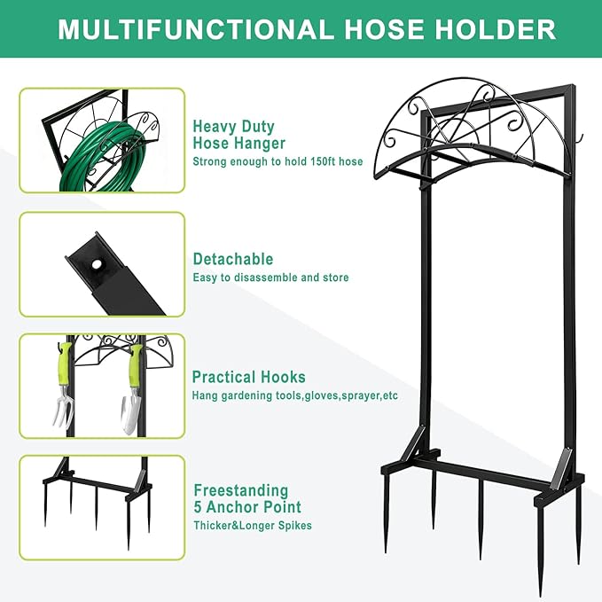 Garden Hose Holder with Stable Base and Tool Hooks, Heavy-Duty Metal Hose Hanger Garden Hose Storage Holds 151Ft Hose, Rustproof Freestanding Water Hose Rack for Yard, Lawn