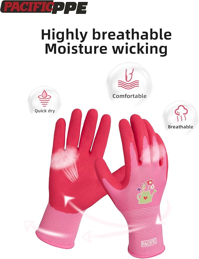 PACIFIC PPE 3 Pairs Gardening Gloves for women, Latex Coated Garden Gloves, Breathable, Medium Size fits Most, Rose Red