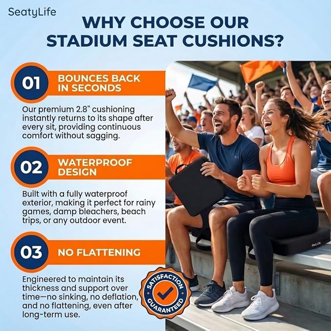 Extra Thick Stadium Seat Cushion – Waterproof 2.8" Bleacher Cushions for Adults - 2-Pack Portable Bleacher Seat Cushion - Lightweight Stadium Seat Pads - Boat & Outdoor Bench Cushion Pad