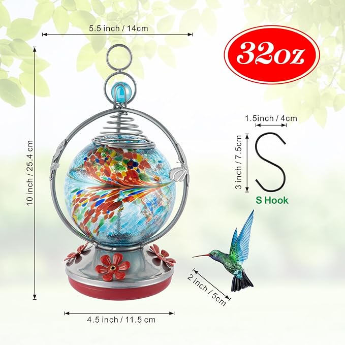 Backyard Expressions Glass Hummingbird Feeder - Blue - Hummingbird Feeders for Outdoors Hanging, Hand Blown Glass Hummingbird Feeder with Spiral Pattern