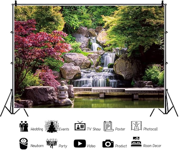 5x3ft Japan Garden Landscape Backdrop Retro Style Park View Photography Background Waterfall Maple Trees Bridge Kyoto Garden Travel Children Adult Portrait Photo Studio Props Wallpaper
