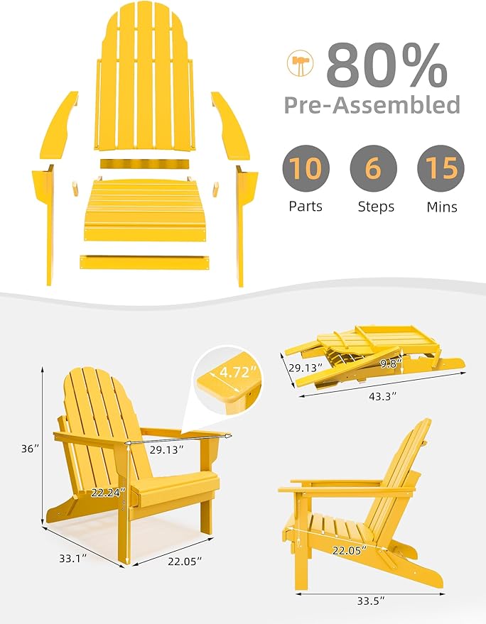 Folding Adirondack Chair - Durable HDPE Poly Lumber All-Weather Resistant, Foldable Oversized Balcony Porch Patio Outdoor Chair for Lawn, Backyard, Deck, Garden, Camping - Easy Installation, Yellow