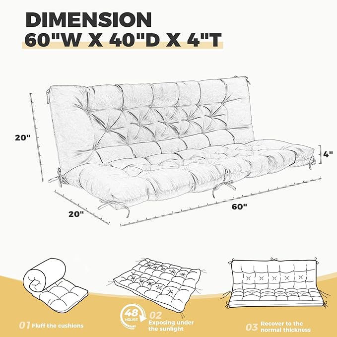 Porch Swing Cushions, Waterproof Swing Cushions Replacement with Backrest, Outdoor Swing Bench Cushions 2-3 Seater Replacement for Patio Furniture (Khaki, 60''×40'')