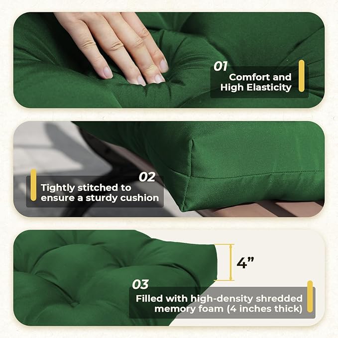 All Weather Outdoor Wicker Chair Cushions of 3 Pieces, Waterproof Outdoor Wicker Chair Cushion for Patio Furniture Loveseat Settee Bench, 1 Loveseat and 2 U-Shaped Thickened Cushions, Green