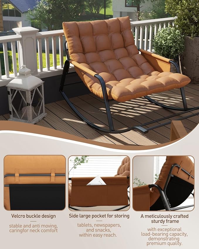 Oversized Indoor Rocking Chair, Plush Papasan Chair with Comfy Padded Cushions & Side Pocket, for Patio Garden, Porch, Lounge, Outdoor, Orange