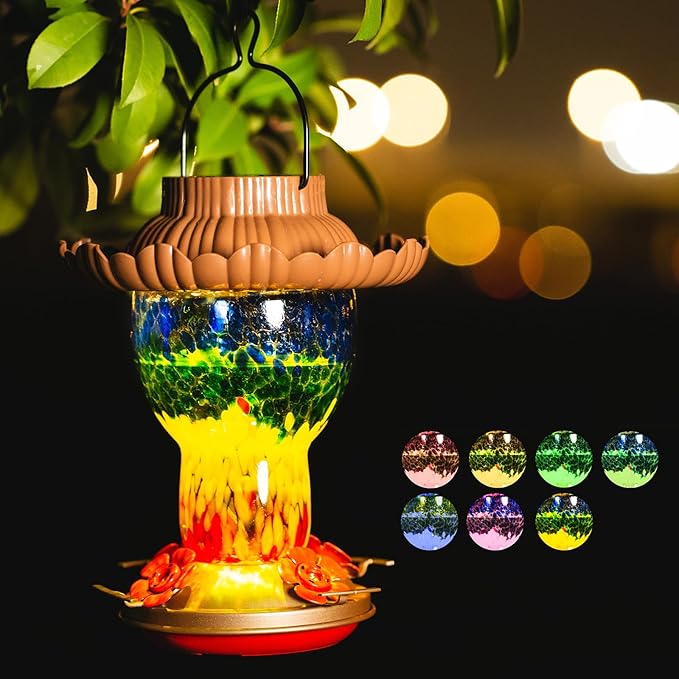 Solar Hummingbird Feeder for Outdoors Hanging Ant and Bee Proof, 25oz Color Changing Light Hand Blown Glass, Leakproof Garden Decor, Gitfs for Bird Lover (Rainbow)