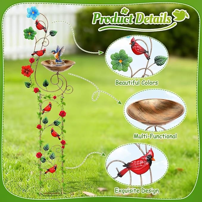 Bird Baths with Trellis for Climbing Plants Outdoor, Small Garden Plant Trellis, Metal Birdbath Birdfeeder Bird Water Feeder with Iron Bowl, Antique Plant Support Structures (Redbird)