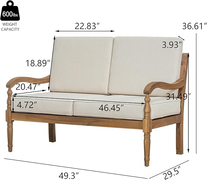 Christopher Knight Home Alice Acacia Wood Outdoor Loveseat, Wooden Patio Loveseat Sofa, Patio Furniture 2-Seater Sofa with Thick Cushions, Comfy Lounge Sofa Outdoor for 2 People, Beige + Natural