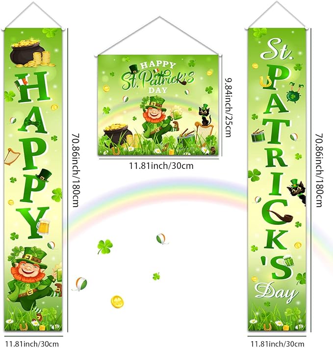 St Patricks Day Porch Sign Decoration - 3 Pack Green Clover Banner Yard Sign Irish Clover Front Door Hanging Banner for Outdoor Indoor Hanging Background St. Patrick's Day Family Party