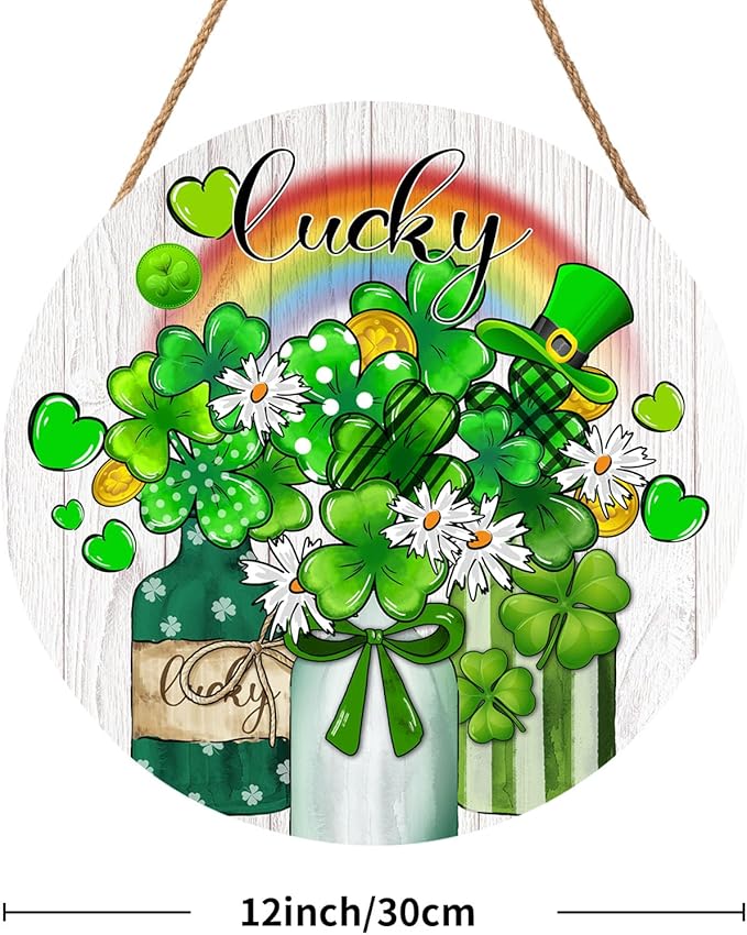 St. Patrick's Day Lucky Green Clover Door Sign For Front Door Decor,Shamrock Mason Jar Rainbow Wooden Sign 12"x 12" Round Wood Hanging Door Sign Decoration for Wall Rustic Decor