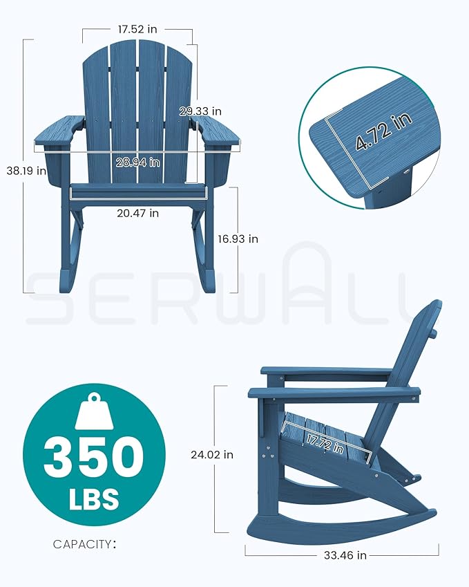 SERWALL Outdoor Adirondack Rocking Chair, All-Weather HDPE Adirondack Rocker Chair, Front Porch Rocker Chairs for Patio Lawn Porch Deck, Navy