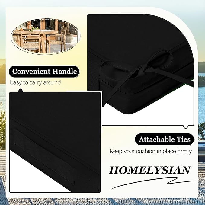 Waterproof Outdoor Chair Cushions Set of 2, Square Outdoor Seat Cushions with Ties and Removable Covers, 22 x 22 Outdoor Cushions for Patio Furniture with Portable Handle(Black)