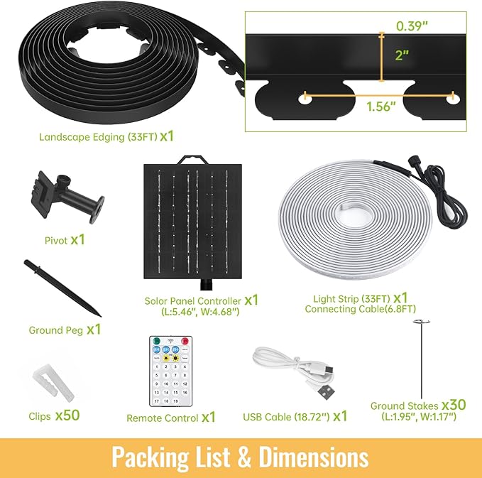 Landscape Edging with Solar String Lights, 33FT, 2in Depth, Metal Stakes & Light Remote, No-Dig Garden Edging with Timer & 19 Light Modes Landscape Border for Curved Straight Beds, Black