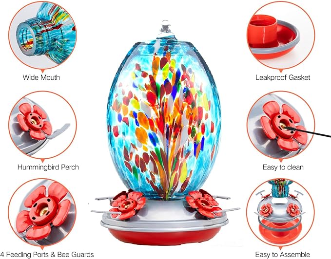 Muse Garden Glass Humming Bird Feeders for Outdoors - 27OZ Blown Glass Hummingbird Feeder - Unique Gift for Mom Women, Outdoors Hanging Garden Decor, Includes Ant Moat & Brush, Blue Fireworks