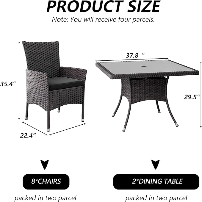 Kullavik 10-Piece Outdoor Dining Set Patio Rattan Furniture Set,Patio Dining Table and Chairs Set with 8 Chairs and Cushions,Square Glass Tabletop with Umbrella Hole for Patio,Grey
