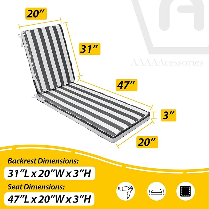 AAAAAcessories Outdoor Chaise Lounge Cushions, Fade-Resistant, Waterproof Patio Furniture Replacement Cushions, 78" x 20" x 3", Gray Cabana Stripe