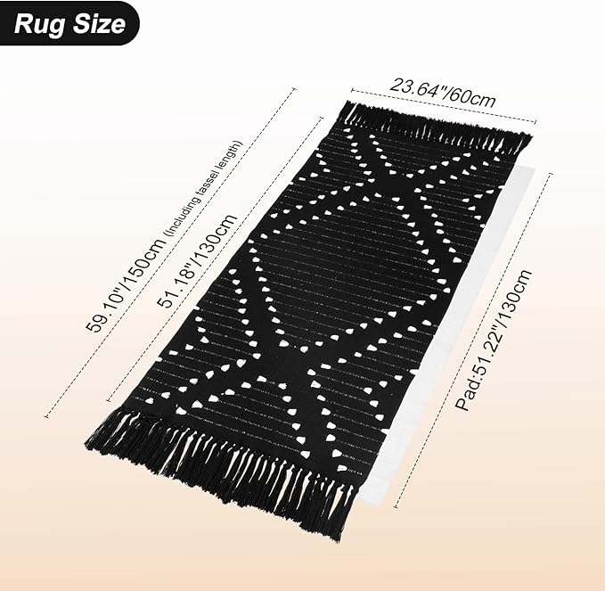 LIVEBOX Boho Black Kitchen Rug Non Slip, Washable Bathroom Runner Rug and Pad Gripper, Laundry Room Cotton Blend Woven Carpet Mat with Tassels (Set of Black Rug + Non Slip Pad, 2' x 4.3')