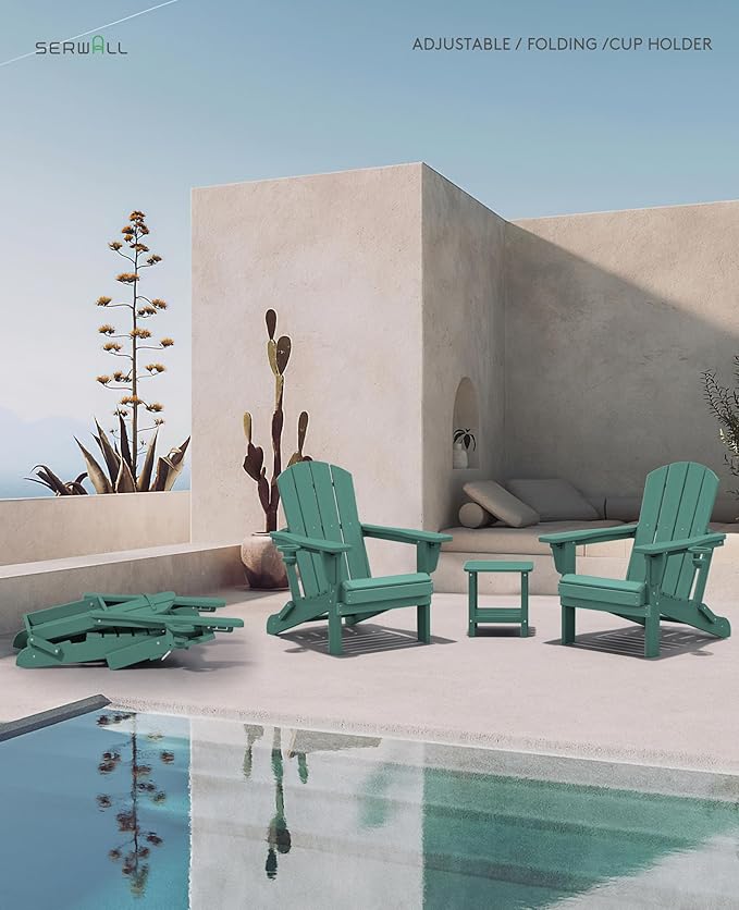 SERWALL Folding Adirondack Chair Set of 4, Adjustable Adirondack Chair with 3 Recline Positions, All Weather HDPE Outdoor Adirondack with Cup Holders, Light Green