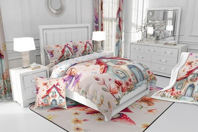 Erosebridal Floral Fairy Twin Bedding Set,Dreamy Fairy Garden Comforter Set for Girls Kids,Cute Mushroom Butterfly Comforter,Kawaii Girly Flower Bedroom Room Decor,1 Pillowcase Reversible