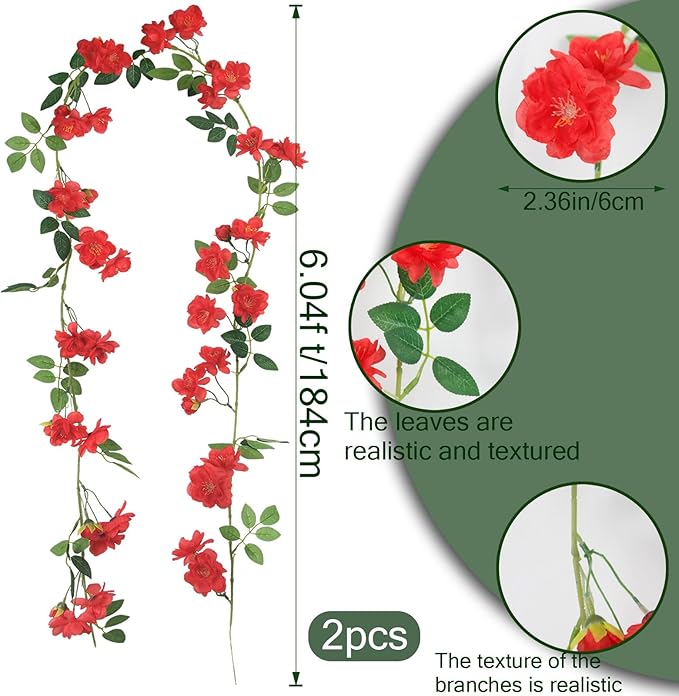 2 Pcs Artificial Flowers Garland for Outdoors Red Faux Gardenia Garland 15.5Ft Silk Rose Hanging Vines Floral for Wedding Arch Party Wall Garden Ceremony Backdrop Fence Spring Decor