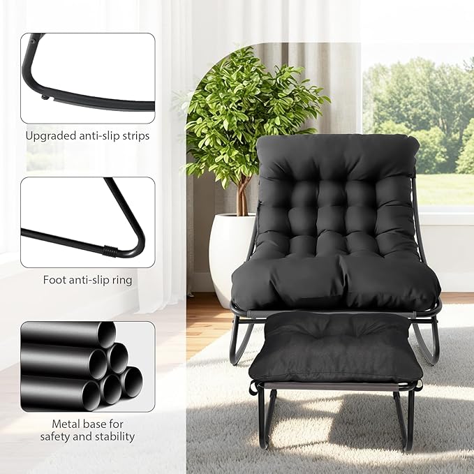 Patio Rocking Chair with Ottoman Outdoor & Indoor, Rocking Chairs Padded with Foot Rest, 330lbs Capacity, Metal Outdoor Rocker for Garden, Deck, Living Room, Bedroom, Balcony (Gray)