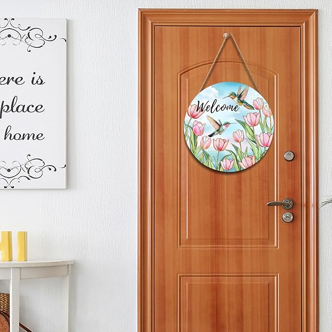 Welcome Spring Summer Pink Tulip Flowers Door Sign For Front Door Decor,Hummingbird Birds Wooden Sign 12"x 12" Round Seasonal Hanging Door Sign Decoration for Rustic Decor