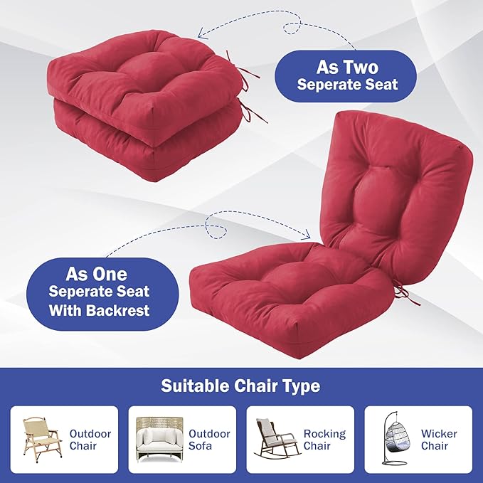 Outdoor Chair Cushions Set of 2, Patio Chair Cushions with Ties, 17x17+4” Tufted Outdoor Seat Cushions, Waterproof Patio Furniture Cushions, Outdoor Dining Chair Pads, Burgundy (Pack of 2)