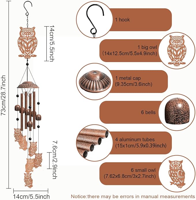 Owl Wind Chimes for Outside, Hanging Metal Windchimes Outdoors for Garden, Patio, Yard, Owl Gifts for Women, Men, Bird Lover, Garden Decor, Birthday, Festival, Memorial Gift with Box