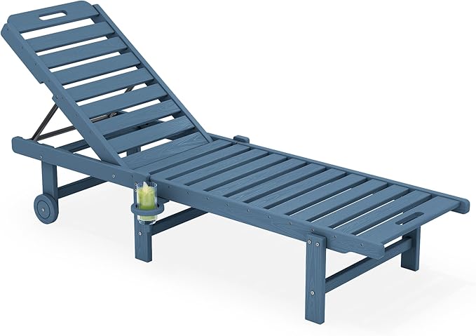 SERWALL Outdoor Chaise Lounge, Patio Chaise Lounge Chair with 5 Positions Adjustable Backrest, HDPE Lounger with Rolling Wheels & Cup Holder for Pool, Navy