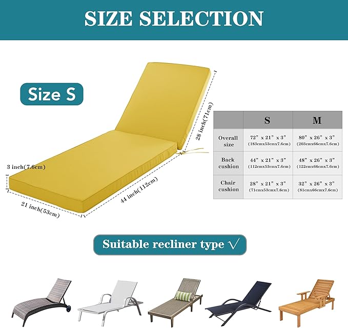 Chaise Lounge Cushion Outdoor, Waterproof and Stain-Resistant Lounge Deck Reclining Chair Cushions for Patio Furniture Lawn Pool Resort Hotel, 72x21x3 Inch, Set of 4, Yellow