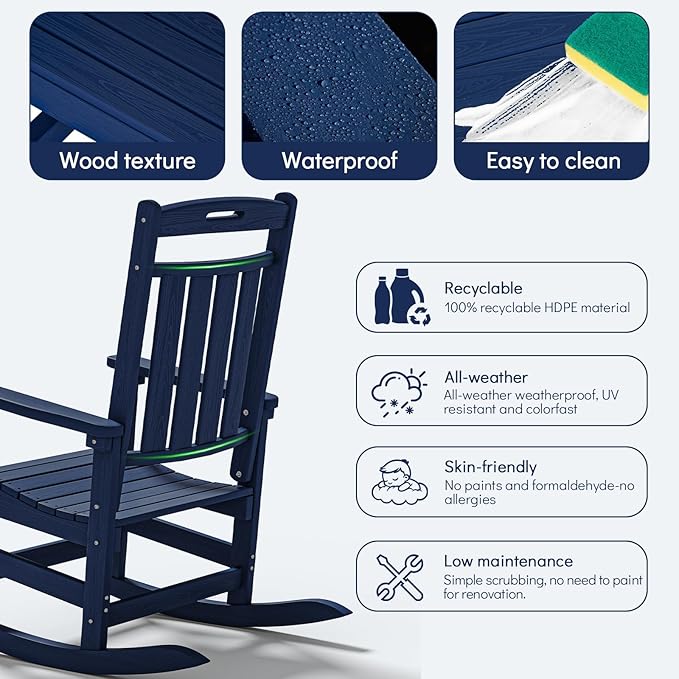 Plawdlik Oversized Rocking Chair,HDPE All-Weather Outdoor Rocking Chair,Patio Rocking Chairs for Porch.Navy Blue