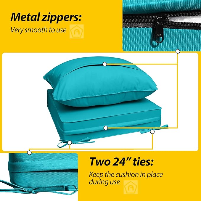 AAAAAcessories Outdoor Seat Cushions for Chairs, Fade-Resistant, Waterproof Patio Furniture Replacement Cushions, 24" x 24" x 5" + 24" x 19", Turquoise Blue