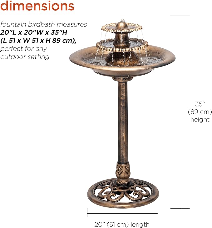 Alpine Corporation TEC106-BZ 35” Tall 3-Tier Pedestal Water Fountain with Birdbath in Vintage – Outdoor Garden Fountain for Yard, Patio, Deck Decoration, Bronze